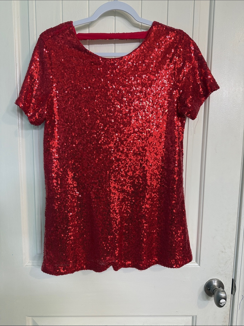 Red Sequin Short-Sleeve Women's Top